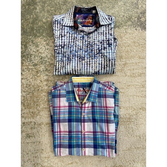 Robert Graham SET (2) Sharks & All Over Print Blue Long Sleeve Flip Cuff Mens L - Picture 1 of 16